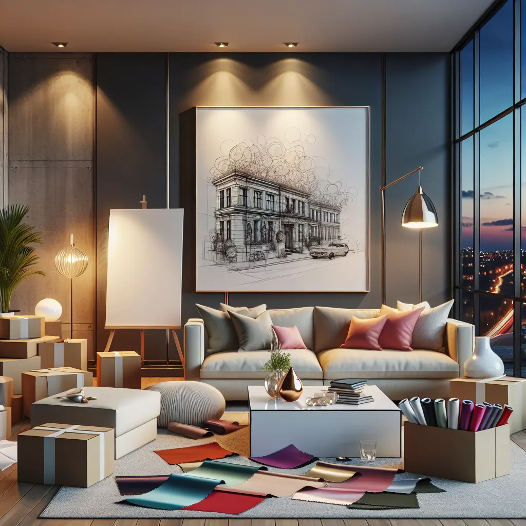 Modern living room with cityscape and artistic sketch.