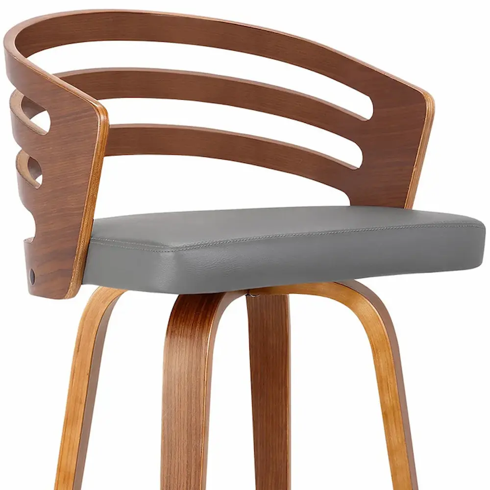 Modern wooden chair with grey seat.