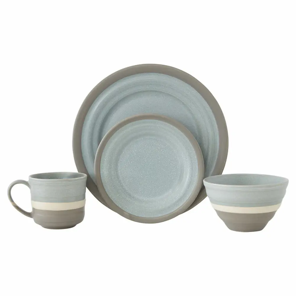 Blue ceramic dinnerware set with plate, bowl, and mug.