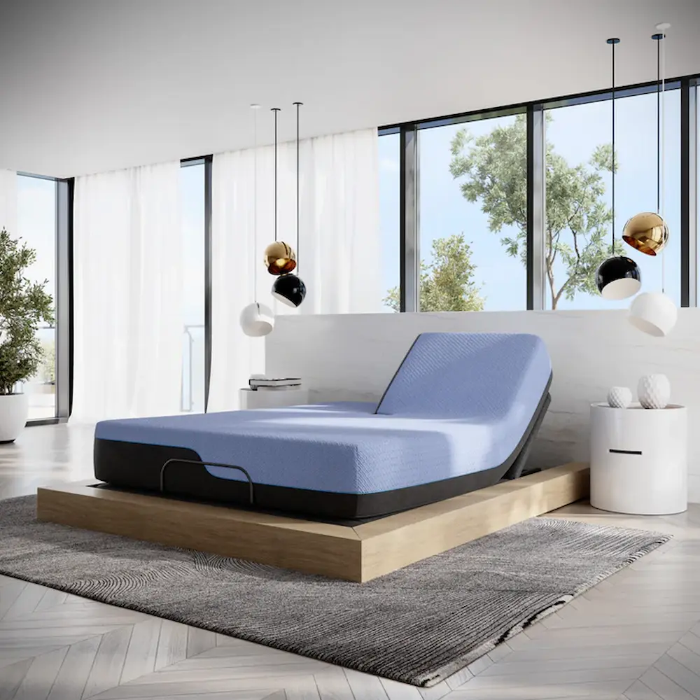 Modern bedroom with adjustable bed and panoramic windows.