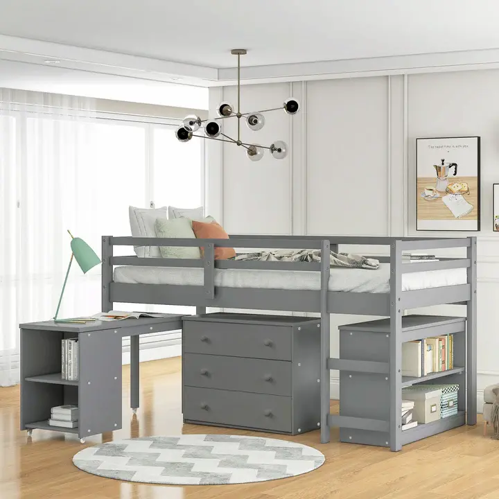 Gray loft bed with desk and storage for kids.