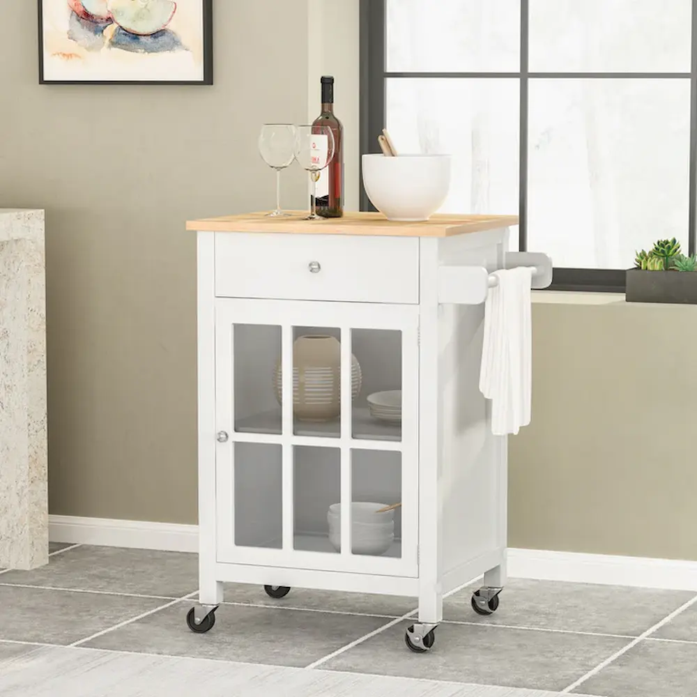 White kitchen cart with storage and wheels.