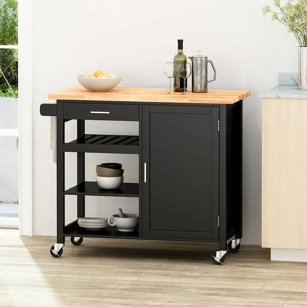 Black kitchen cart with wooden top and shelves.