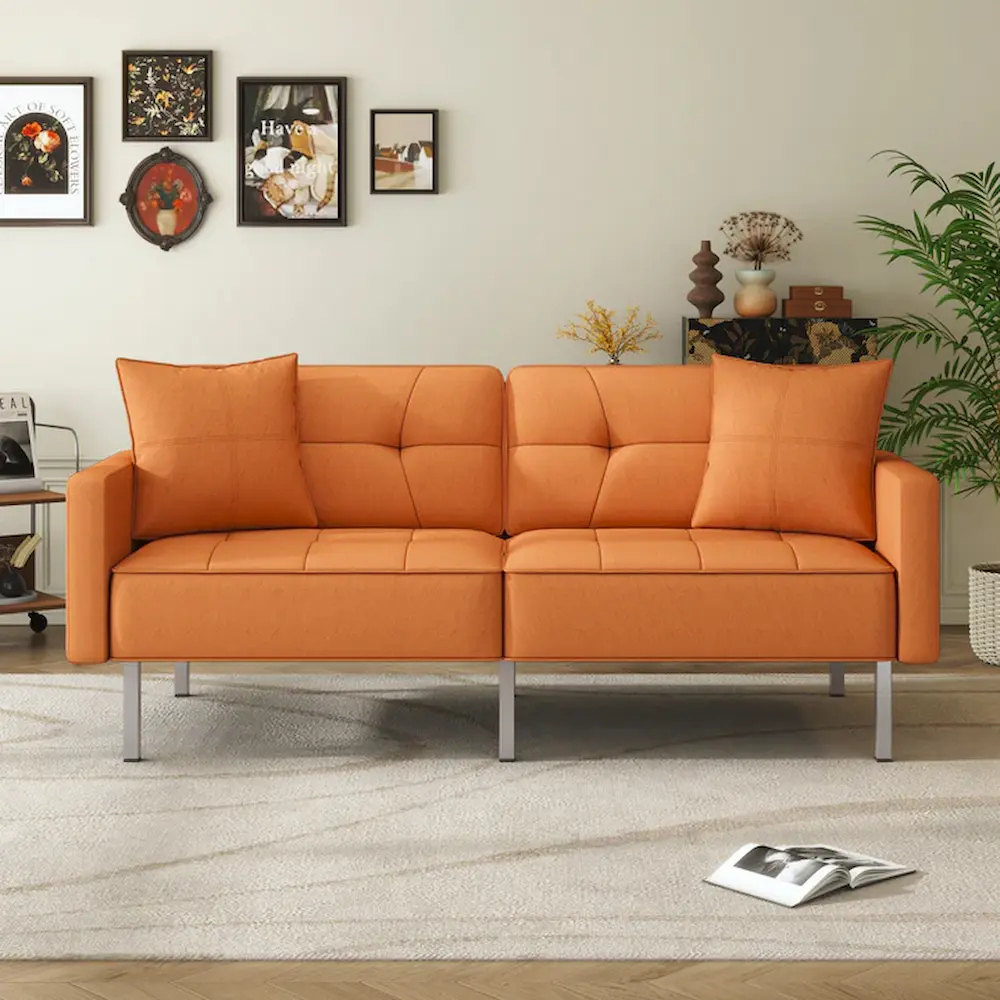 Orange modern sofa in a living room setting.