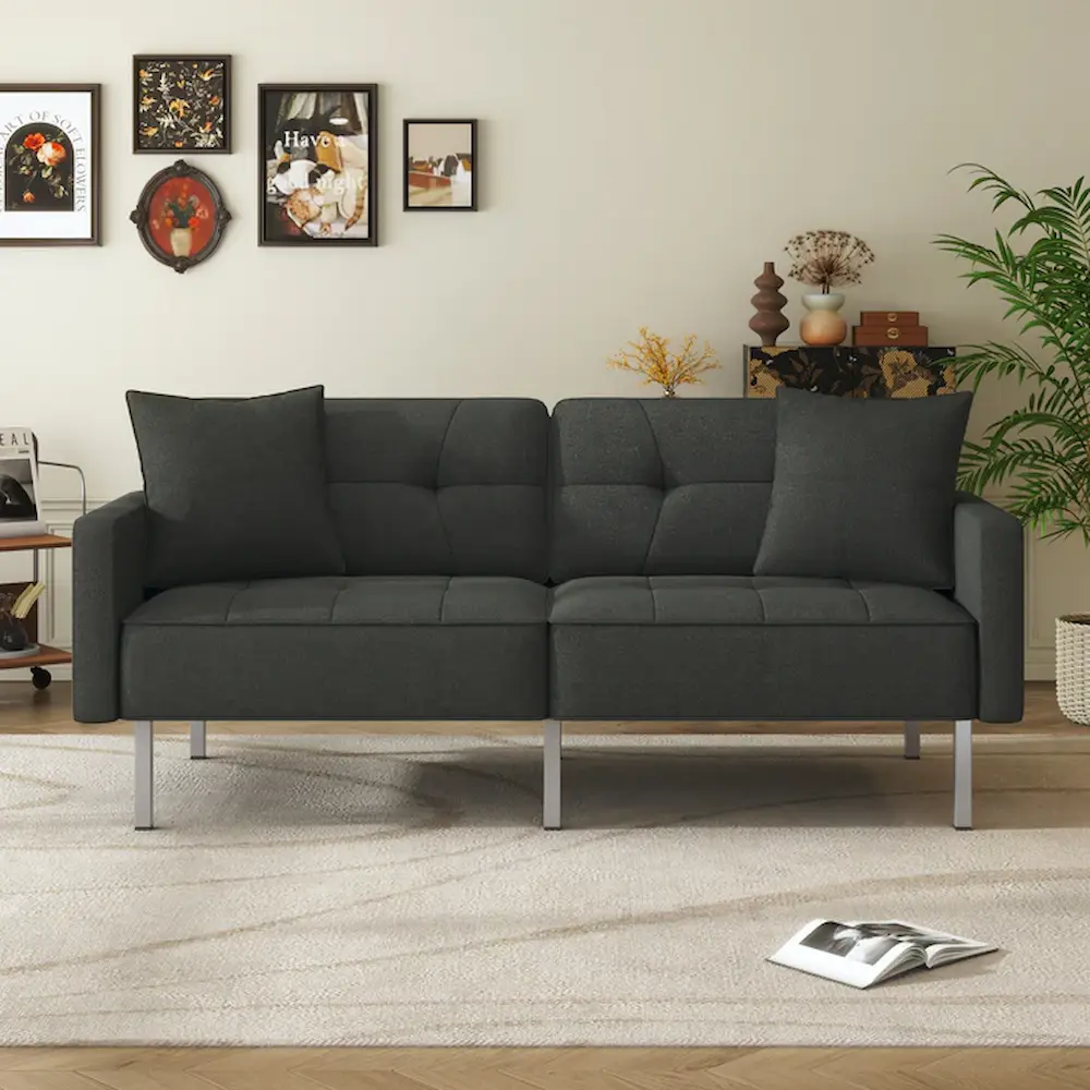 Modern gray couch in living room setting.