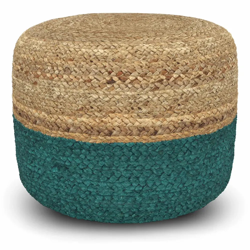 Round woven jute ottoman with teal base.