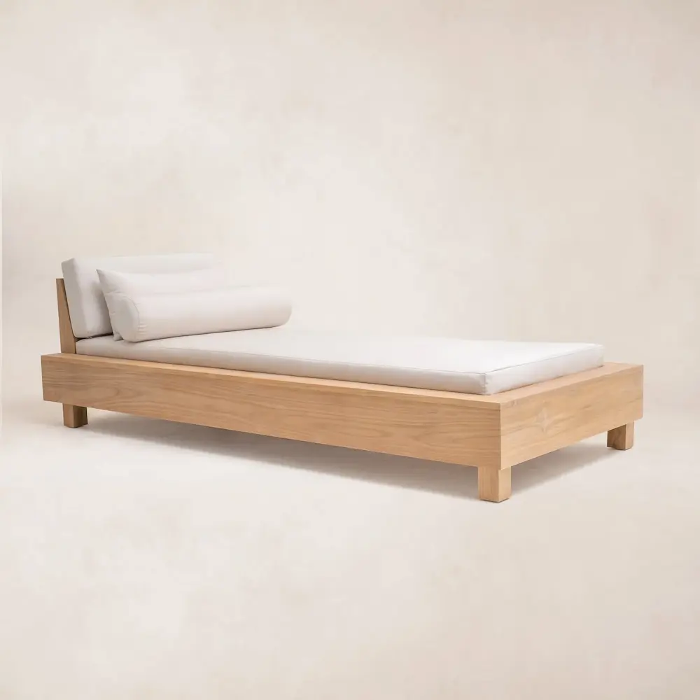 Minimalist wooden platform bed with white bedding.