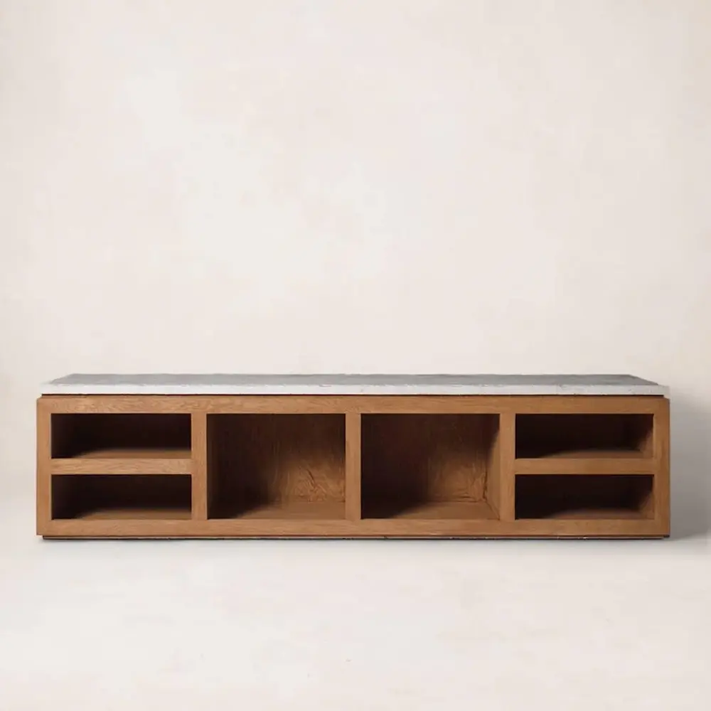 Modern wooden TV stand with shelves