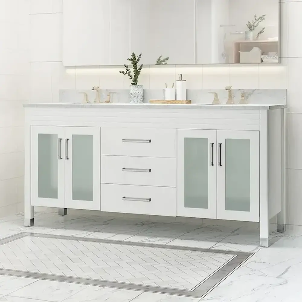 Modern white bathroom vanity cabinet with frosted glass doors.