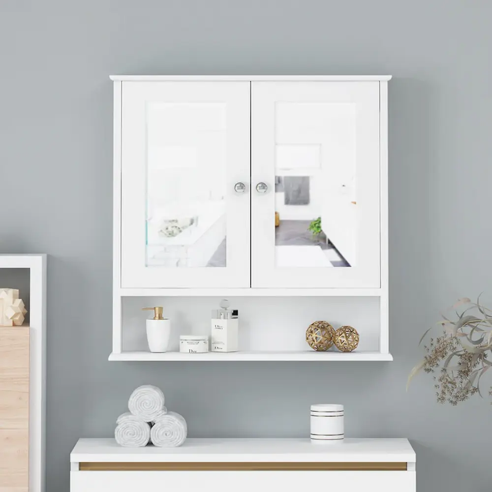 White wall-mounted bathroom cabinet with mirrored doors.