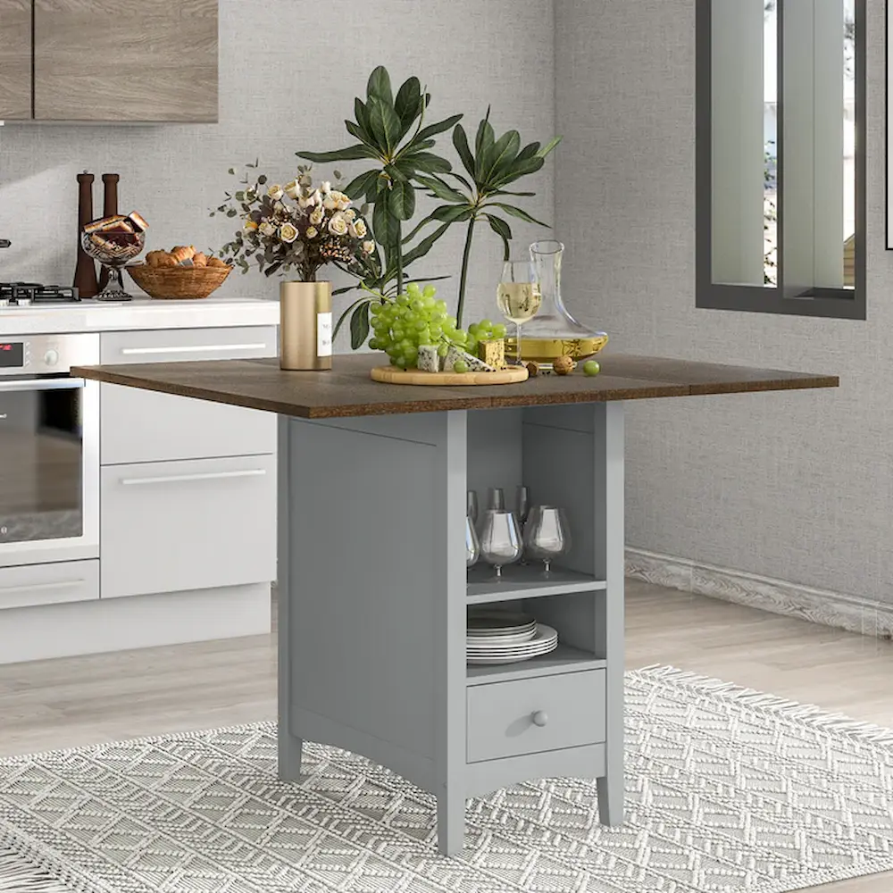 Modern kitchen with stylish gray island and decor.