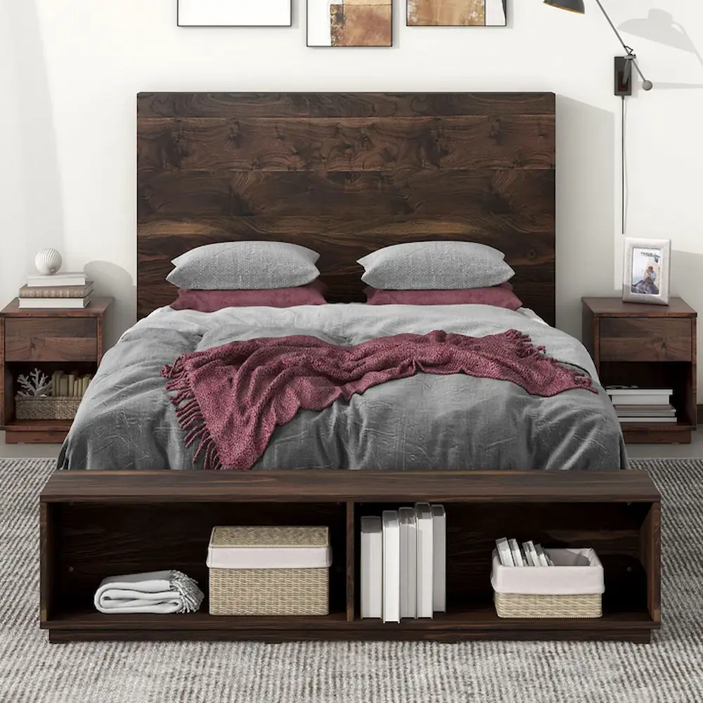 Modern wooden bed with storage and gray bedding.