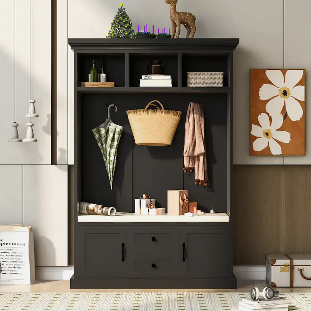 Stylish entryway cabinet with decor and storage baskets.