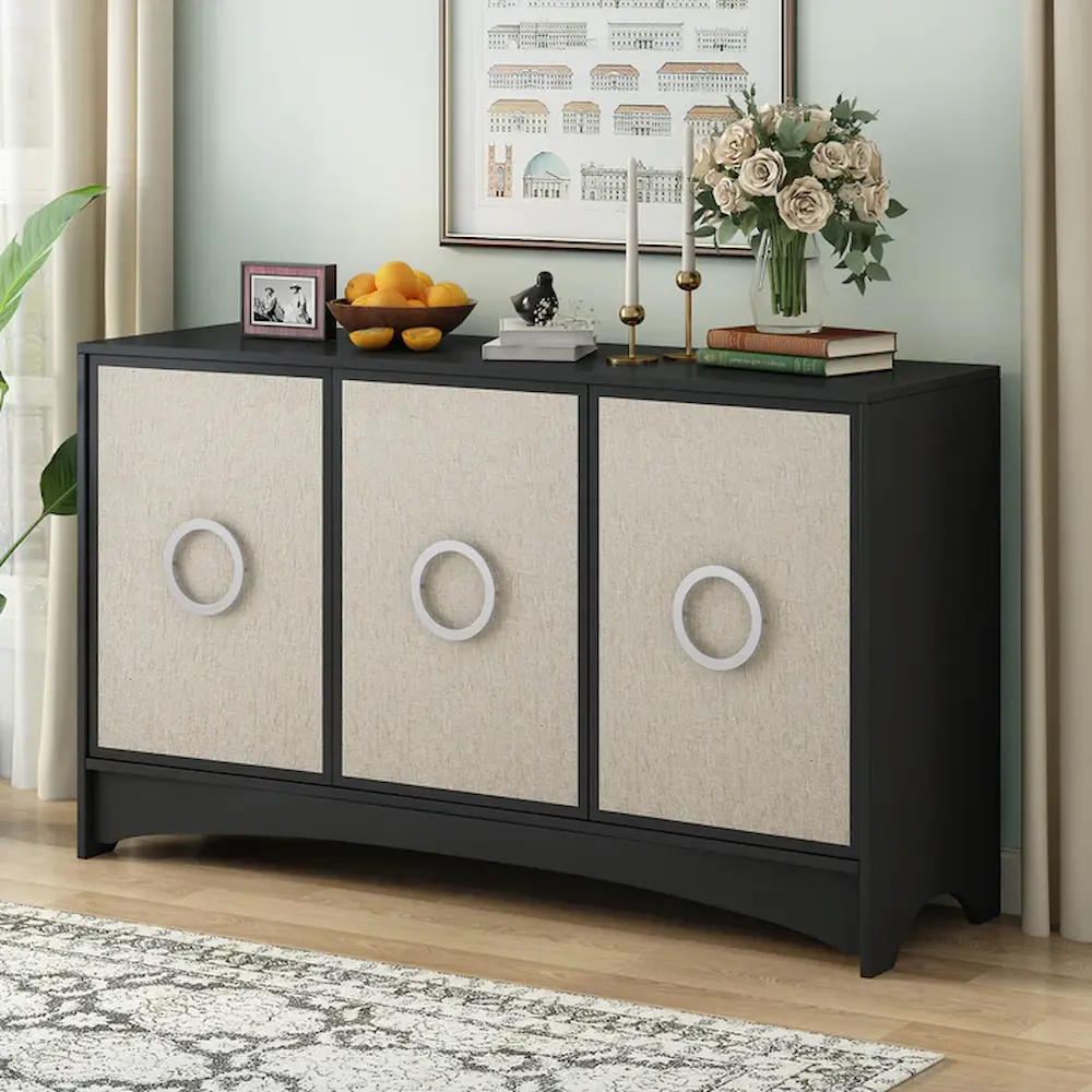 Modern black sideboard with circle handles in living room