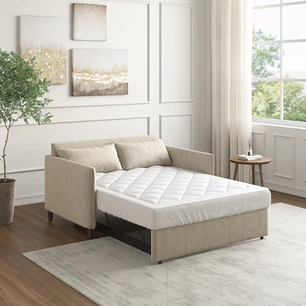 Modern beige sofa bed in a bright living room.