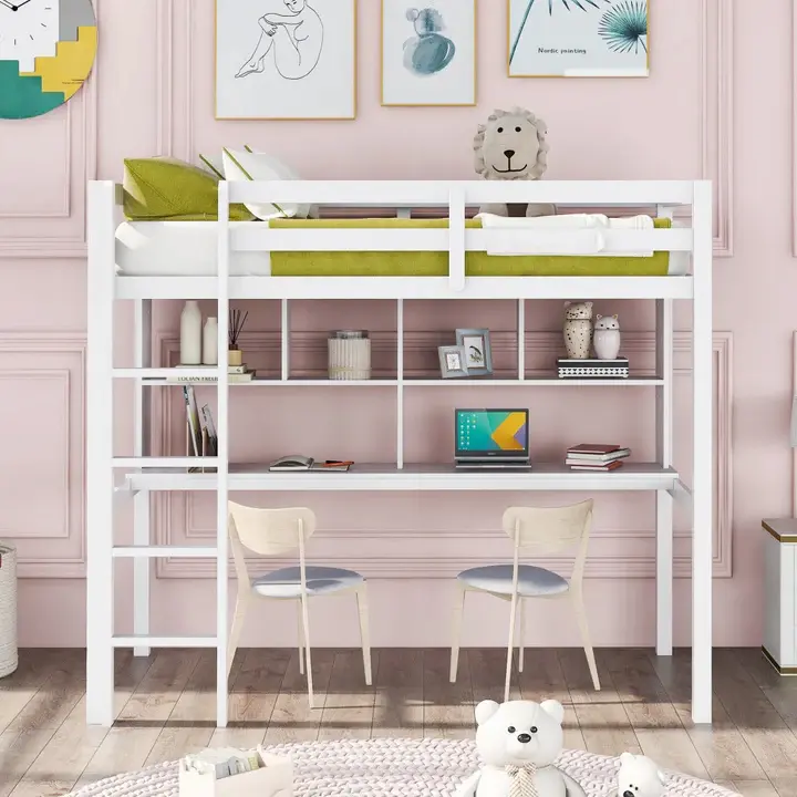 White bunk bed with desk and chairs in child's room.