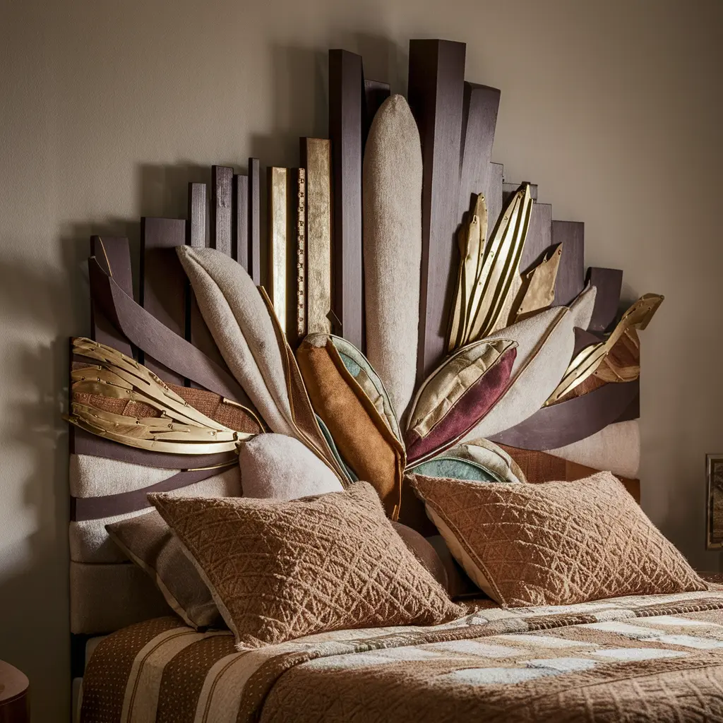 Decorative bed with artistic headboard and plush pillows.