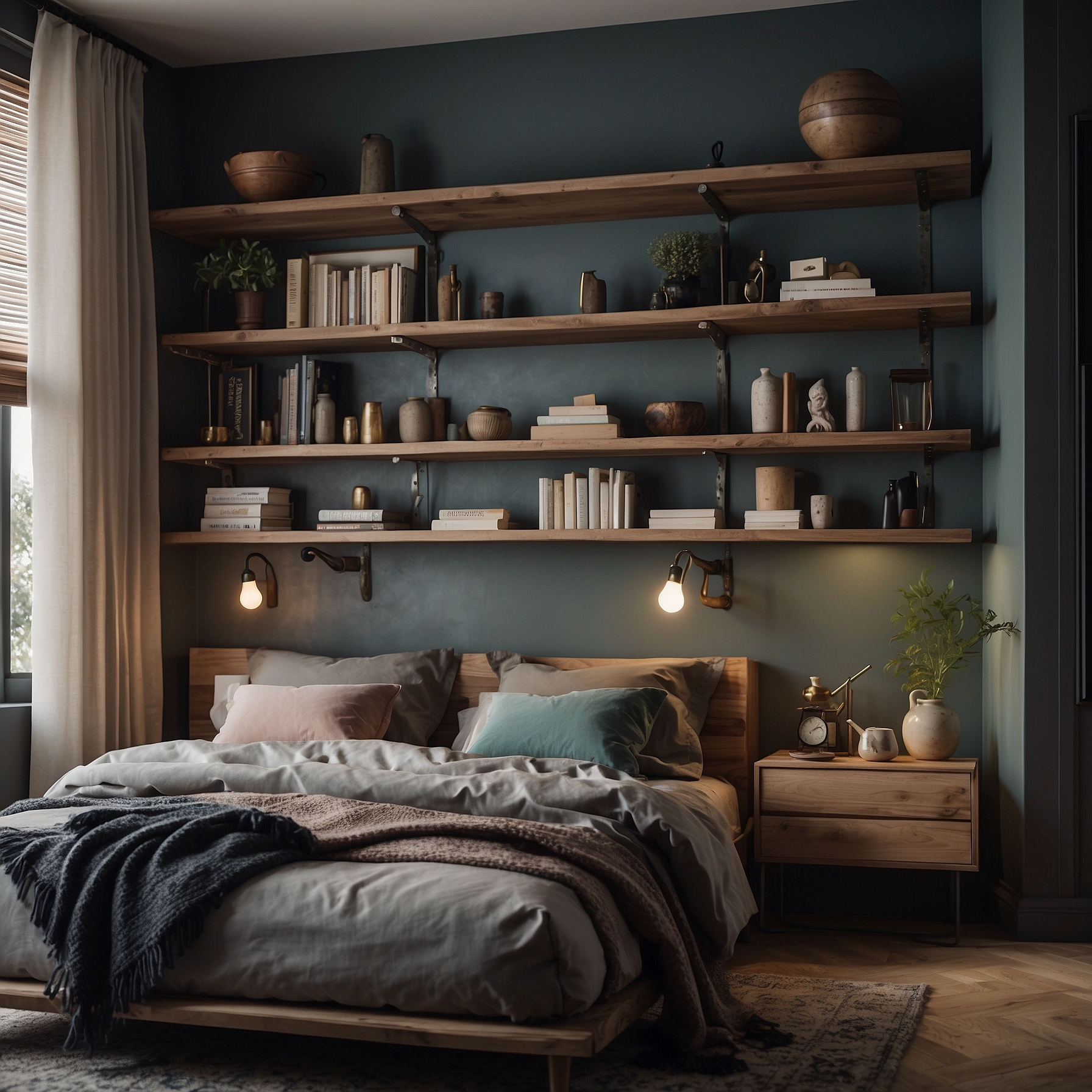 Serene Bedroom Open Shelf Style